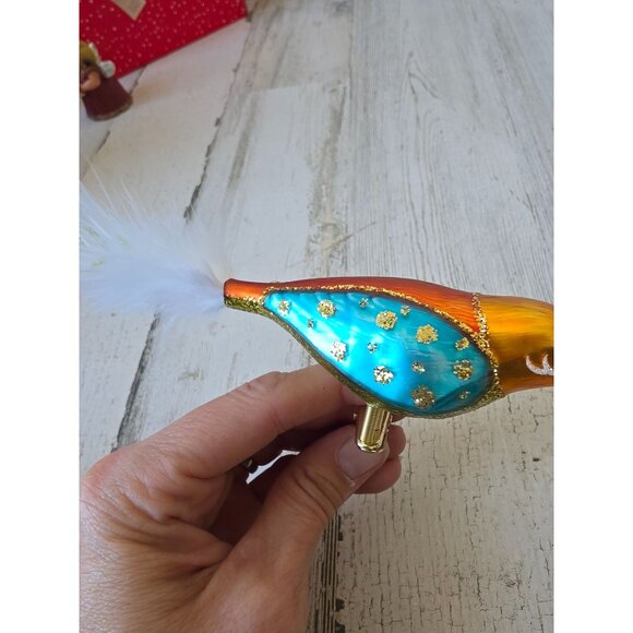 Kathe wohlfahrt glass sparkle bird clip ornament gold blue Xmas feather tree - Picture 2 of 8